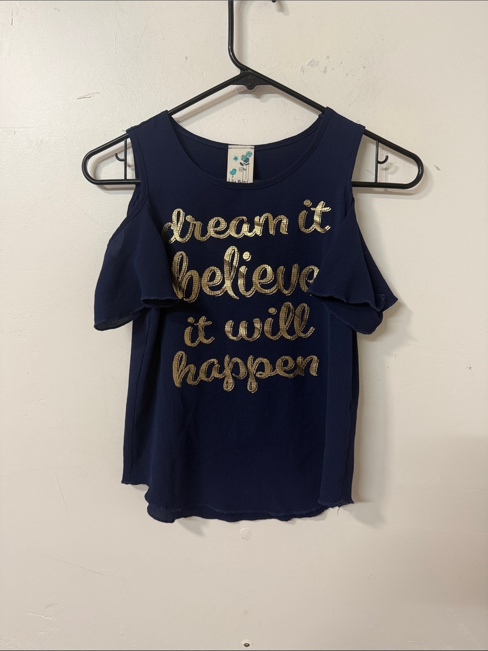 Lily Bleu Navy Cold-Shoulder Top with Gold Script